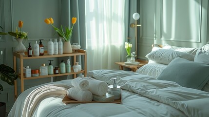 Sticker - White Towels and Soap on a Bed in a Light Green Room