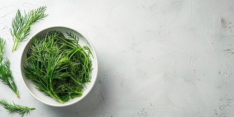 A bowl of freshly minced dill and an array of petite dill particles strewn over a white setting depict the notion of garnish made of delightful, fresh lush herbs and space, Generative AI.