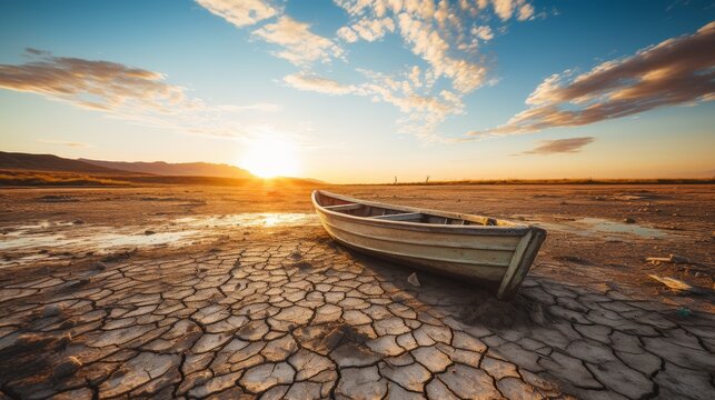 Wooden boat on dry cracked land, Global warming.