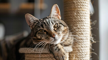 Wall Mural - Cat enjoying a scratching post in a cozy corner