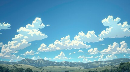 Wall Mural - A scene featuring a blue sky with white clouds and hills in the background