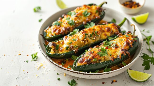 Delectable teem poblano peppers crested with fresh, aromatic herbs and melted cheese over an elongated white platter with a spicy sauce over a white setting and space, Generative AI.
