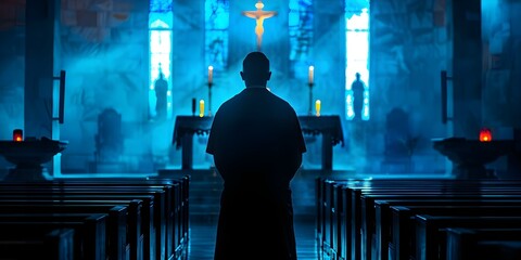 Silhouette of priest in church interior with religious symbolism and significance. Concept Silhouette Photography, Religious Symbolism, Church Interior, Priest Portrait