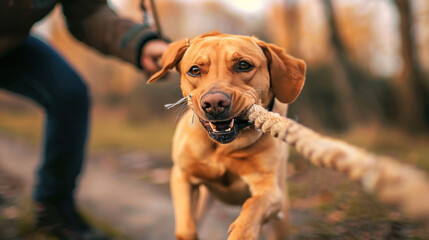 Wall Mural - Dog and owner playing tug-of-war with a rope toy