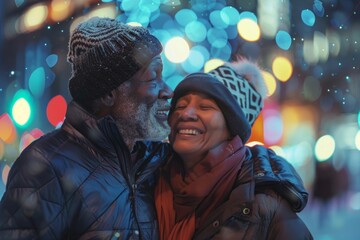 Wall Mural - Portrait of a blissful multicultural couple in their 60s sporting a quilted insulated jacket on glittering city nightlife