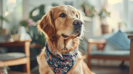 Sticker - Dog wearing a stylish bandana in a home setting