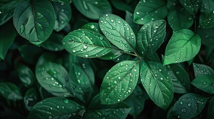 Wall Mural - Close up photograph of green leaves with actual raindrops ideal for nature organic food and ecological design backdrop