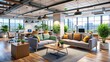 © DigitalArt Max - Modern office interior with comfortable seating areas, laptops, and refreshments, conveying a sense of collaboration, innovation, and relaxation in a contemporary workplace environment.