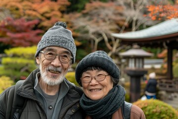 Wall Mural - Portrait of a joyful couple in their 60s donning a warm wool beanie over backdrop of a traditional japanese garden