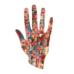 Wall Mural - Shape of a hand containing many raised hands of volunteer multicultural people holding a heart.Charity and solidarity donation. Community of volunteers. Voluntary concept. NGO. Aid