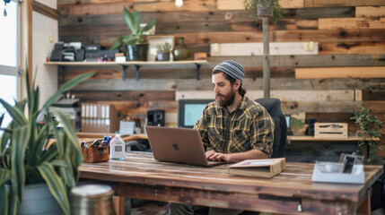 Sticker - Employee working at a desk made from reclaimed wood