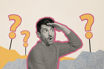 Sticker - Sketch image artwork composite collage of young confused man think solve puzzle shocked staring right direction question symbol behind