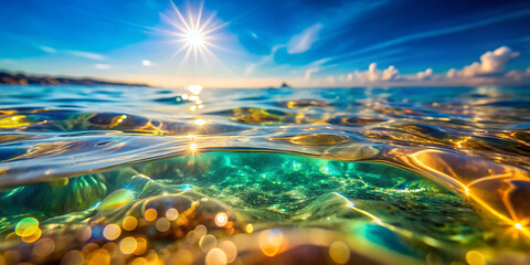 Blurry abstract light on sea and ocean, close-up of clear water with colorful background.