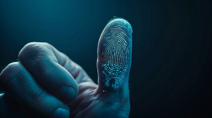 Poster - Close-up of a finger with a glowing digital fingerprint overlay, symbolizing biometric security and technology.