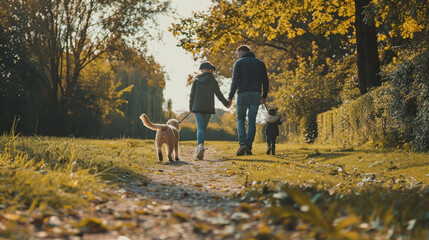 Wall Mural - Family taking their dog for a walk in a park