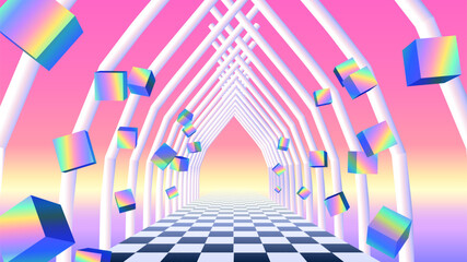 Aufkleber - Vaporwave corridor of pillars with flying 3D cube shapes in 00s style. Abstract surreal retro background for party poster, or music cover