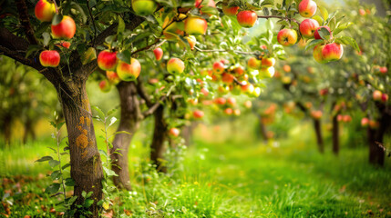 Wall Mural - Fruit tree orchard with ripe apples and pears
