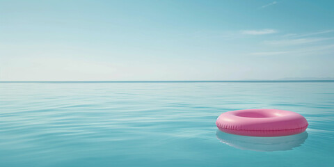 Wall Mural - Swimming season, minimalistic water surface with pink inflatable ring, photo from the side, located on the right side.