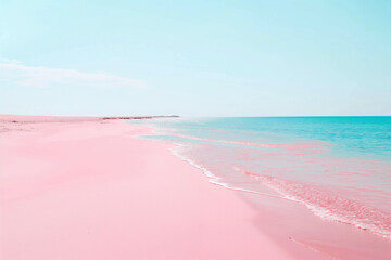 Wall Mural - Photo of a pink beach, pink sand and turquoise sea, advertising banner on a beach theme, minimalism