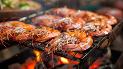 Wall Mural - A barbecue grill filled with jumbo freshwater prawns cooking over hot coals, emitting a tantalizing aroma as they sizzle.