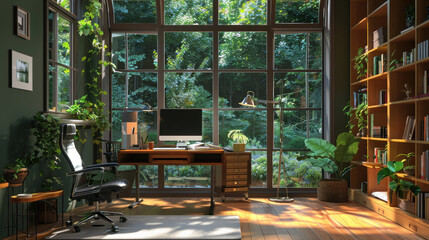 Wall Mural - Home office with a serene garden view and natural light