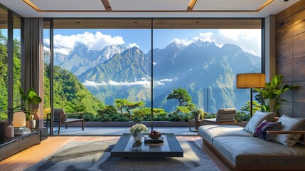Wall Mural - Modern Interior Design with Stunning Mountain Backdrop