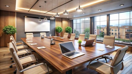 Modern conference room with empty chairs and a large wooden table, laptops, notebooks, and water glasses scattered, overhead projector screen displaying a presentation template.