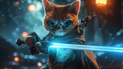 Funny cat in clothes and with a glowing sword, cute pet for background 