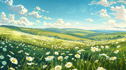 Canvas Print - Meadow of wild daisies with rolling hills and a bright blue sky