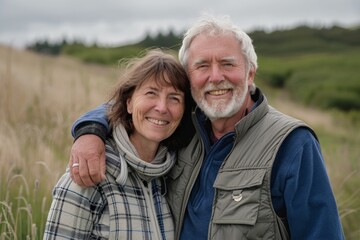 Wall Mural - Portrait of a blissful caucasian couple in their 40s dressed in a breathable mesh vest while standing against backdrop of an idyllic countryside