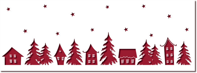 Wall Mural - Christmas village. Winter background. Seamless border. Fairy tale winter landscape. Red houses, fir trees, stars on white background. Vector illustration