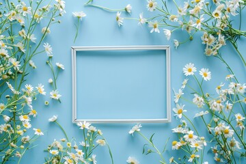 Wall Mural - Beautiful flowers composition. Blank frame for text, spring and summer chamomile white flowers on pastel blue background. Flat lay, top view, copy space