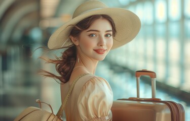 Full body photo of a smiling woman in a summer dress and hat, holding a suitcase at an airport