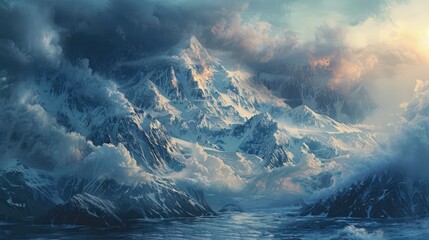 Wall Mural - Mountains and Sea Covered by Dense Clouds and Enhanced by Evening s Light