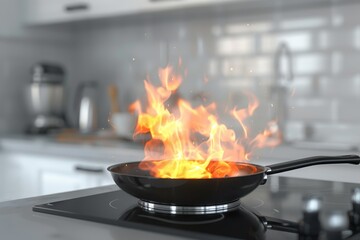 kitchen fire skillet stovetop. high visible smoke rising from the pan. asian or indian cuisine or other cuisine in which dish set fire while cooking. fire safety precautions while cooking kitchen