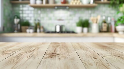 Wall Mural - Wooden Tabletop with Blurred Kitchen Background, Generative AI