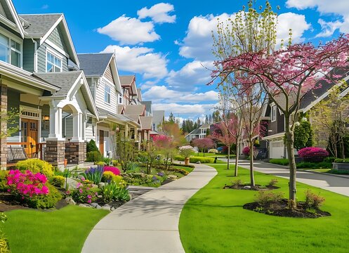 Photograph of beautiful luxury homes in neighborhood with green lawns and landscaping