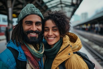 Wall Mural - Portrait of a satisfied multicultural couple in their 30s wearing a lightweight packable anorak in modern city train station