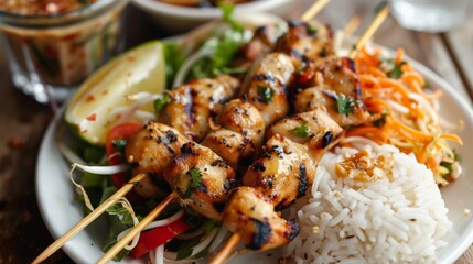 Wall Mural - A close-up of grilled chicken skewers served with a side of tangy som tam salad and sticky rice.