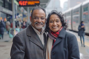 Canvas Print - Portrait of a joyful indian couple in their 50s wearing a professional suit jacket over modern city train station