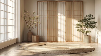 Wall Mural - Simple modern room with wooden folding screen soft natural light clear composition