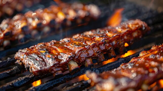 A close-up of juicy pork ribs sizzling on a hot grill, caramelizing as they cook to perfection.