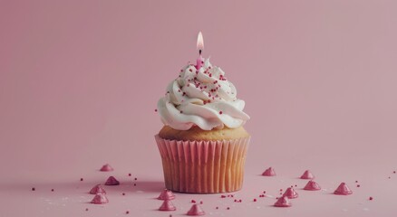 Wall Mural - Single Birthday Cupcake With Pink Frosting and Sprinkles on Pink Background