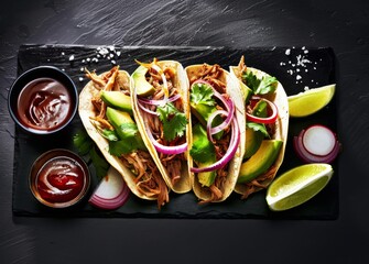 Wall Mural - Delicious Pulled Pork Tacos With Red Onion, Avocado, and Cilantro