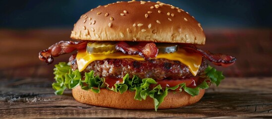 Wall Mural - Juicy Cheeseburger With Bacon and Lettuce on Wooden Table