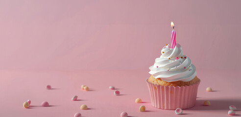 Poster - Single Birthday Cupcake With Pink Frosting and Sprinkles on Pink Background