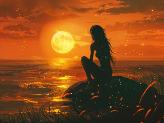 Wall Mural - sunset over the sea with mermaid