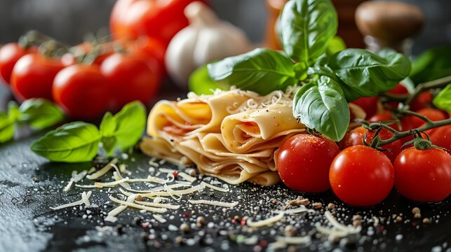 Fresh Italian Cooking Ingredients With Tomatoes And Pasta