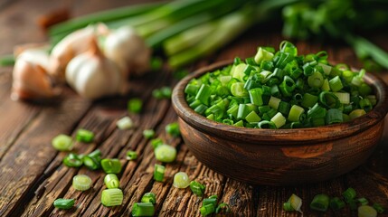 Fresh Chopped Green Onions in Wooden Bowl