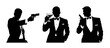 © FoxyImage - Silhouettes of elegant men in suits and with a bow tie with a gun in their hand on a white background. Bond themed illustration of a shooting man
